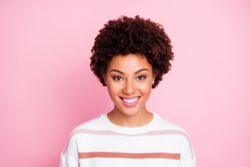 Poster - Close up photo of amazing dark skin lady in peaceful and calm mood wear warm fluffy white striped jumper isolated pink color background