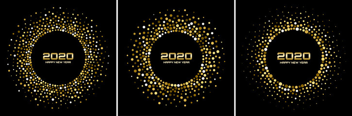 New Year 2020 night background party set. Greeting cards. Gold glitter paper confetti. Glistening golden festive lights. Glowing circle frame happy new year wishes. Christmas gold collection. Vector