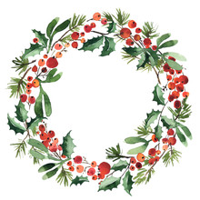 Watercolor Wreath Of Spruce With Holly Berries And Mistletoe For Christmas Decoration