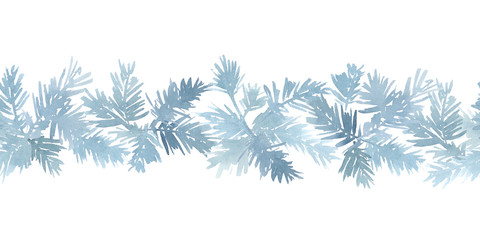 Wall Mural - Christmas watercolor horizontal seamless pattern with spruce branches in blue