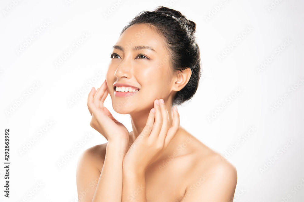 Beautiful Young Asian Woman with Clean Fresh Skin, - obrazy, fototapety, plakaty 
