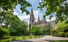 Parks Of Vienna, Austria, View With City Hall. Summer Day.