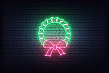 Wall Mural - Wreath neon icon. Glowing Christmas winter holiday icon sign