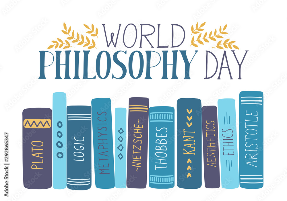 World Philosophy Day. Hand drawn philosophy books with lettering on white background.  - obrazy, fototapety, plakaty 