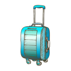 Sticker - Suitcase On Wheels With Handle Color Vector. Standing Modern Tourist Suitcase Package For Business Trip. Voyage Luggage For Baggage Hand Drawn In Retro Style Illustration