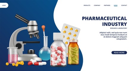 Wall Mural - Pharmaceutical industry landing page. Medicine, research laboratory vector web banner. Realistic pills and lab equipment. Pharmaceutical research laboratory, pharmacy industry illustration