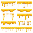 © ONYXprj - Honey dripped. Liquid golden oil or sauce food drops caramel splash and flowing vector realistic template. Illustration droplet food melt, yellow oil dripped