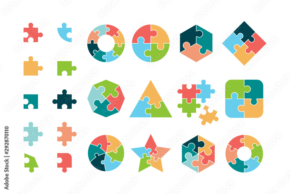 Puzzle collection. Business different jigsaw round and square geometrical forms tags puzzle pieces vectors. Piece jigsaw icon, round and square shape illustration - obrazy, fototapety, plakaty 