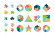 Puzzle collection. Business different jigsaw round and square geometrical forms tags puzzle pieces vectors. Piece jigsaw icon, round and square shape illustration