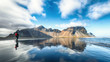 Splendid sunny day and gorgeous reflection of Vestrahorn mountaine on Stokksnes cape in Iceland.