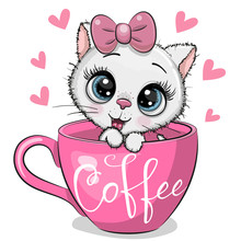 Cartoon Kitten Is Sitting In A Cup Of Coffee