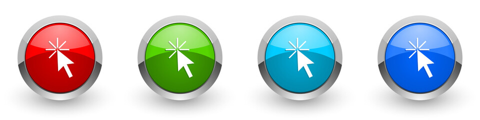 Leinwandbilder - Click here silver metallic glossy icons, red, set of modern design buttons for web, internet and mobile applications in four colors options isolated on white background