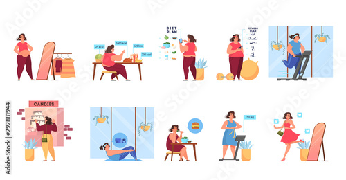 Fotomural Overweight woman become thin process. Idea of fitness