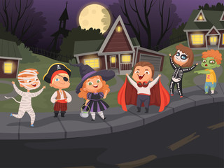 Poster - Halloween city. Kids costumes night horror scary halloween party urban landscape creepy monsters walking vector. Halloween party horror, vampire and dracula walking on night city illustration