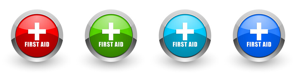 Poster - First aid silver metallic glossy icons, red, set of modern design buttons for web, internet and mobile applications in four colors options isolated on white background