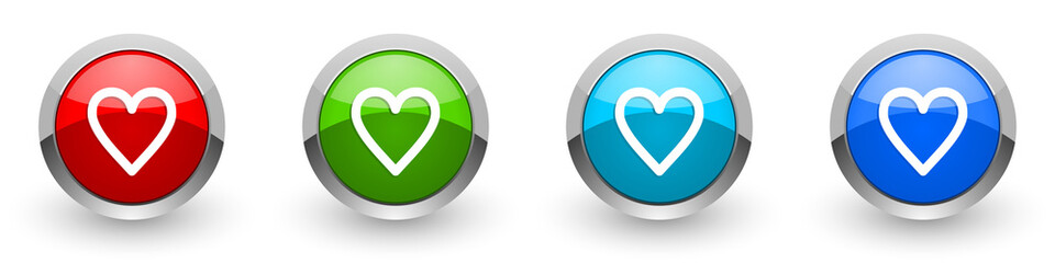 Poster - Heart silver metallic glossy icons, red, set of modern design buttons for web, internet and mobile applications in four colors options isolated on white background