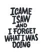 © visio - I came i saw and i forget what i was doing. Funny phrase, hand drawn dry brush lettering. Ink illustration. Modern calligraphy phrase. Vector illustration.