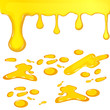 © vukrytas - Set of orange honey drops and yellow splashes healthy syrup golden food liquid drip vector illustration. Liquid honey dripping from the top