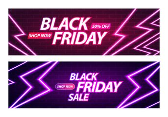 Poster - Black Friday Sale Banner. Glowing Neon Thunderbolts on Brick Wall Background. Vector Advertising Illustration