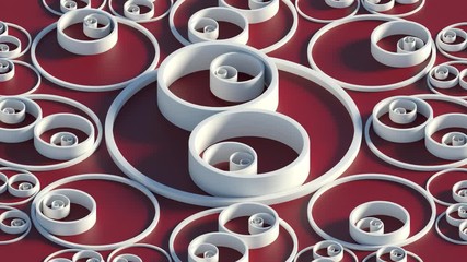 Poster - Red 3d render background with circles that form ornament pattern. Simple shapes with bright lighting and shadows. Loopable animation.