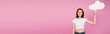 © LIGHTFIELD STUDIOS - panoramic shot of smiling pretty girl holding blank white thought bubble isolated on pink