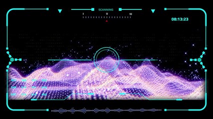 Poster - HUD Screen Futuristic 4K Animation Abstract Wireframe Analysis Swirl Mountain. Glow Futuristic Geometric Hill Structure Pattern 3D Rendering Footage.