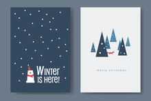 Set Of Christmas And Winter Card Vector Templates. Cute Polar Bear With Santa Hat And Fox In The Forest. Winter Holiday Season.