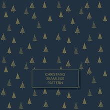 Gold Glittery Christmas Tree Pattern Vector Design On Dark Background. Simple Minimalist Geometry Shapes.