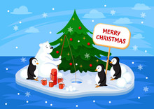 Merry Christmas And Happy New Year Greeting Card. Illustration On The Ice Under The New Year Tree With Penguins Drink Coffee And Fish.