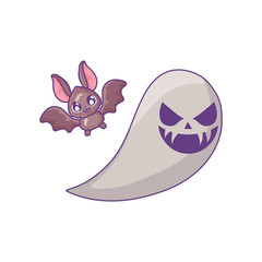 Sticker - bat flying with ghost on white background