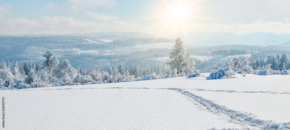  Stunning panorama of snowy landscape in winter in Black Forest - winter wonderland - obrazy, fototapety, plakaty 