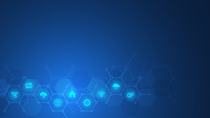 Poster - Technology background with flat icons and symbols. Concept and idea for internet of things, communication, network, innovation technology, system integration. Vector illustration.