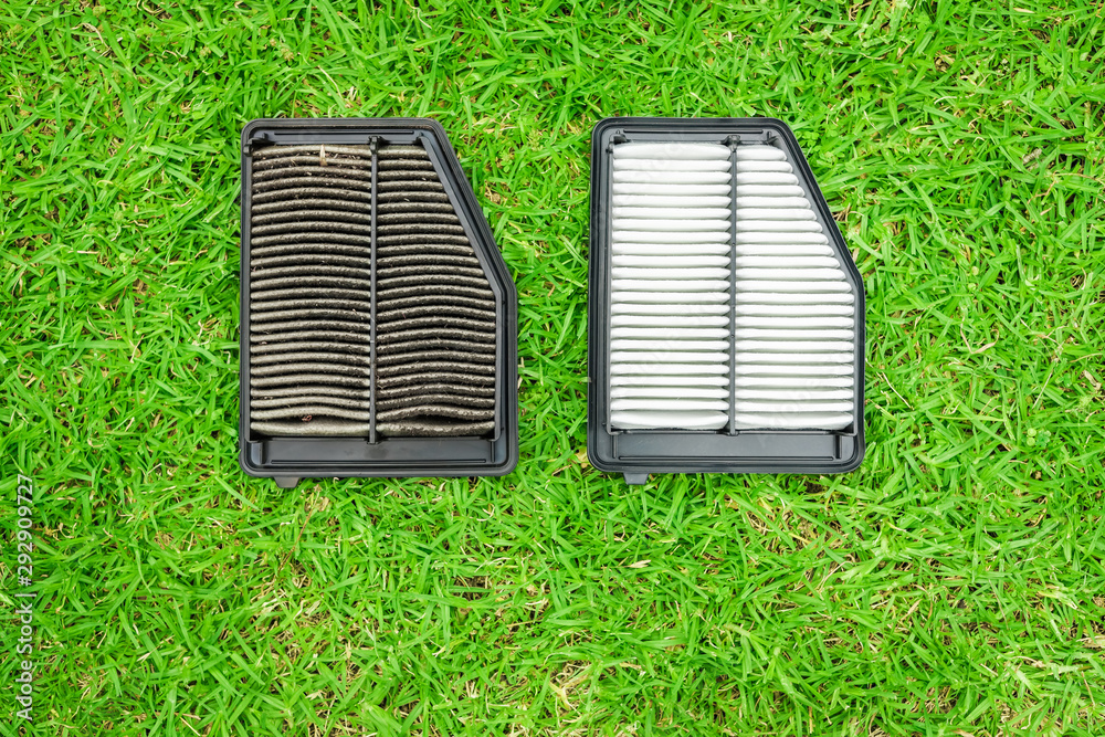Dirty and new car cabin air filter comparison