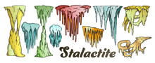 Stalactite And Stalagmite Color Set Vector. Collection In Different Form Cave Stalactite. Mineral Formations Engraving Template Hand Drawn In Vintage Style Illustrations