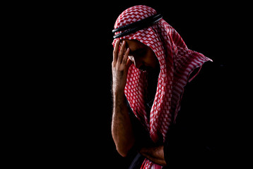 Rim light and portrait of muslim man got stress and pressure