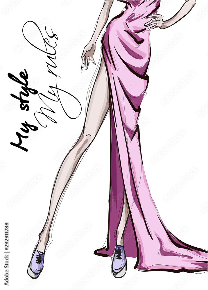Legs of a beautiful young woman in pink dress. Hand drawn fashion girl.  Fashion model posing. Sketch. Vector illustration. Defile Stock Vector |  Adobe Stock