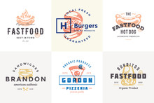Hand Drawn Fast Food Logos And Labels With Modern Vintage Typography Retro Style Set Vector Illustration.