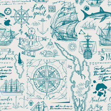 Vector Abstract Seamless Pattern On The Theme Of Travel, Adventure And Discovery. Vintage Repeatable Background With Hand-drawn Sailboats, Map, Wind Rose, Anchors, Sketches, Inscriptions And Ink Blots