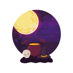 Sticker - cauldron bubbly of witch on halloween scene