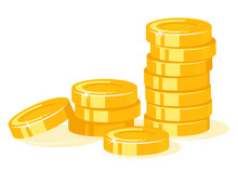 Gold Coins Stack Concept Illustration In Flat Style Isolated, Treasure Of Gold Wealth With Bright Sparkles, Money Gold Coins Stacks Concept Of Savings And Dividends