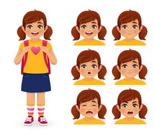School Girl With Backpack Emotions Set Isolated Vector Illustration