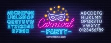 Carnival Party Neon Sign On A Dark Background. Template For Design With Fonts.
