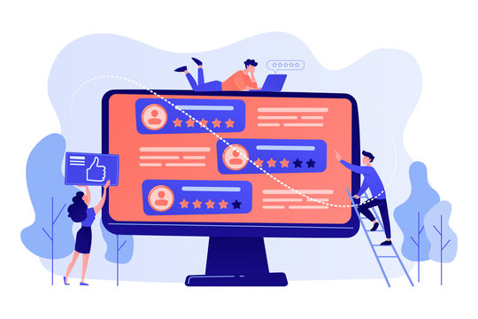 Tiny business people using rating site to vote on people on computer screen. Rating site, professional rank site, content rating page concept. Pink coral blue vector isolated illustration