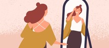 Beautiful Woman Looking At Mirror Flat Vector Illustration. Self Acceptance And Confidence Concept. Young Fashionable Lady Reflection In Mirror. Attractive Woman Preening Her Hair Cartoon Character.