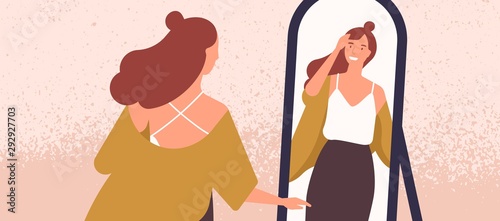 Cuadros en Lienzo Beautiful woman looking at mirror flat vector illustration