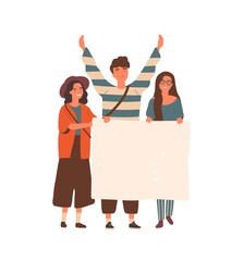 Wall Mural - Young people holding blank placard flat vector illustration. Students protest, youth social movement concept. Happy girls and guy characters with empty poster in hands with place for text.