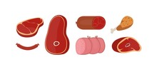 Raw Meat Products Flat Vector Illustrations Set. Butchery Shop Fresh Assortment. Pork Slice And Beef Steak Isolated Cliparts Pack On White Background. Sausage, Chicken Leg Design Elements Collection.