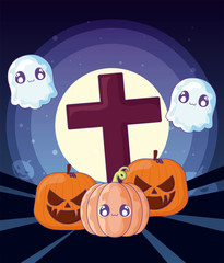 Sticker - pumpkin with ghost on halloween scene