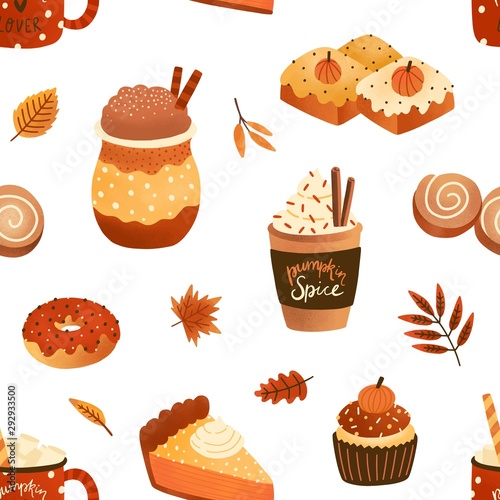 Autumn Seasonal Pastry And Drink Flat Vector Seamless Pattern Pumpkin Spice Latte And Cupcakes Texture Cappuccino Doughnuts And Leaves Backdrop Wrapping Paper Wallpaper Textile Design Vettoriale Stock Adobe Stock