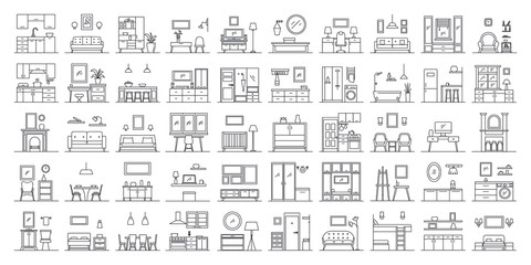 Set of 50 interior design in outline style